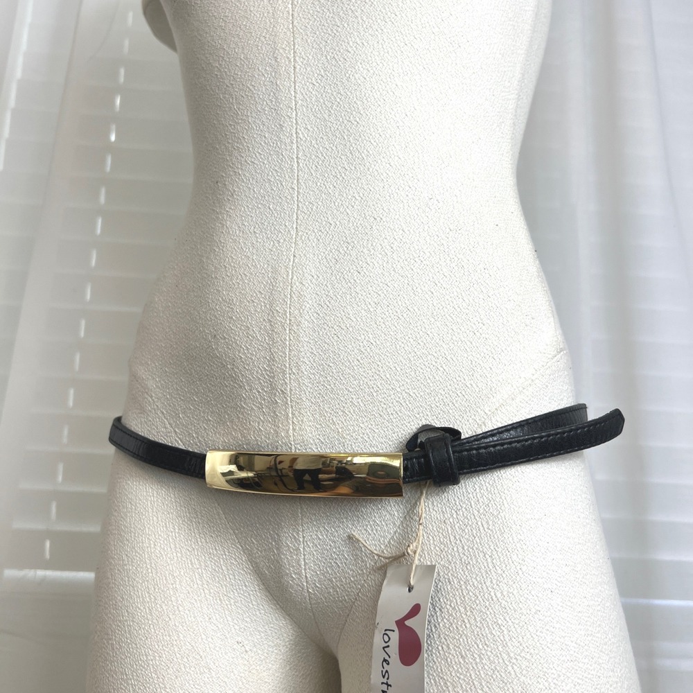Lovestrength Black Leather Skinny Belt Gold Bar Buckle Style Womens M/L chic New